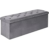 ZOLANOful Velvet Storage Ottoman Bench, 43.3" Upholstered Tufted Ottoman with Storage, Folding Footrest Bench for Bedroom, Living Room, or Entryway, Grey