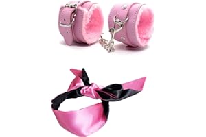 Handcuff Set,Pink Handcuffs,Blindfold for Bedroom.Blindfold and Leather Handcuff,Handcuffs for Adults with Safety Release,Bli