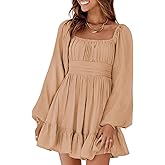 Dokotoo Beach Vacation Clothes for Women 2025 Square Neck Tie Backless Summer Dress Lantern Long Sleeve Spring Outifits Ruffle A-Line Casual Dress Casual Elastic Waist Mini Dresses Large Khaki