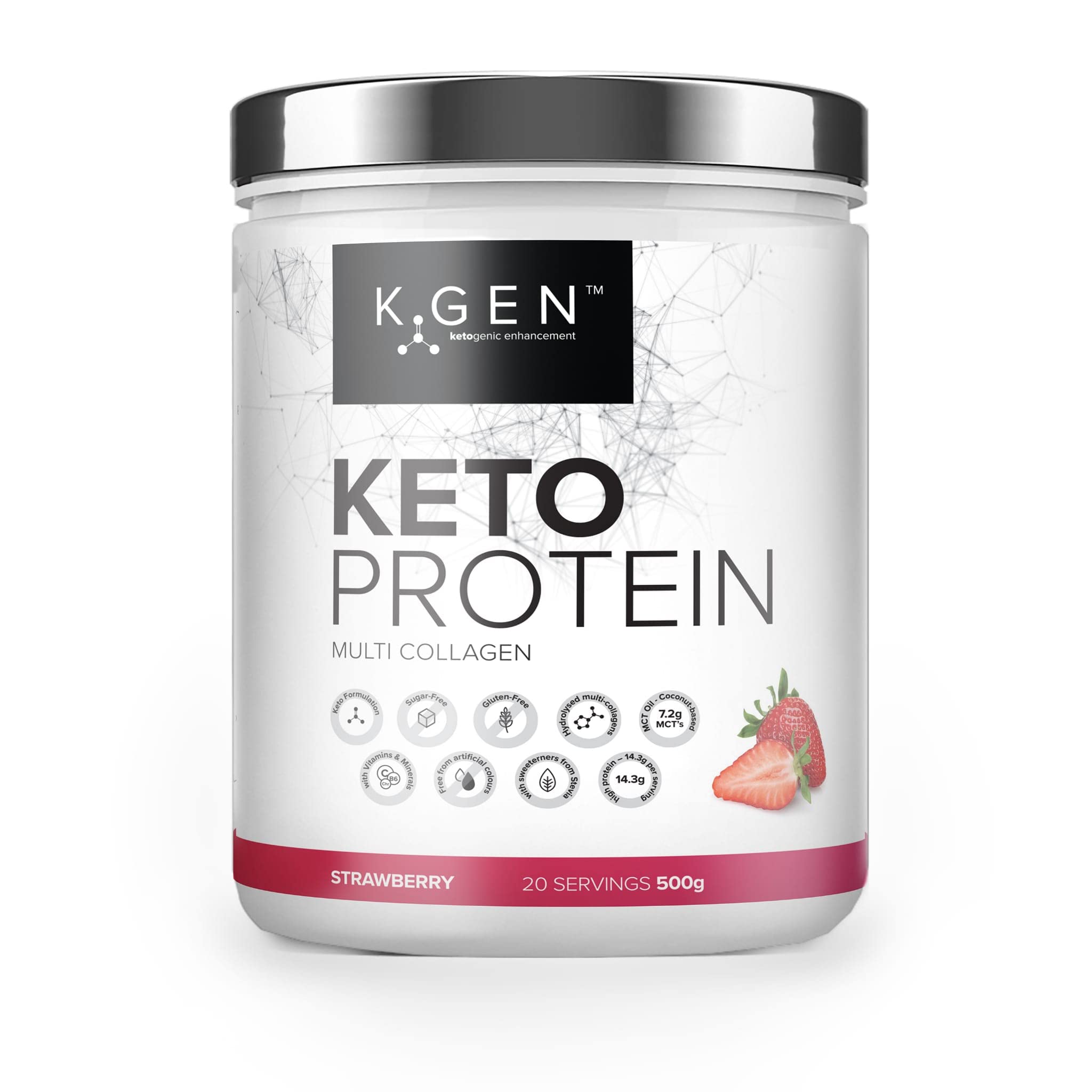 K-GEN™ Keto Collagen Protein Powder Advanced Strawberry Diet Multi Collagen Blend, Coconut MCT, Vitamin C+B6 with Stevia | UK Made for Keto & Paleo | Low Carb Zero Sugar & Gluten