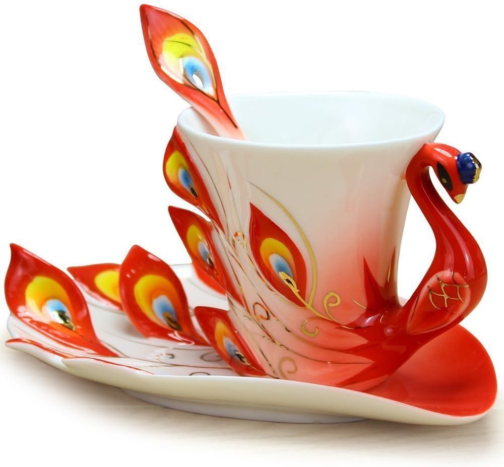 Yosou Home Personalized Unique Custom Design Porcelain Tea Cup and Saucer with Spoon Set Coffee Cup Mug 3D Peacock Theme Romantic Creative Gift -Red