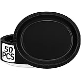 QZYL 50 Count Black Large Paper Plates, 12.2'' X 10.2'' Oval Disposable Plates, Daily Heavy Duty Dinnerware Party Decorations for Birthday Wedding Formal Dinner Holiday