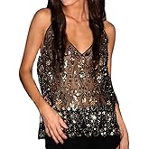 Women Y2k Sequin Top See Through Deep V Neck Sparkle Strape Camisole Crop Tops