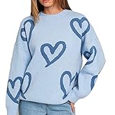 Women Heart Print Knit Pullover Sweater Long Sleeve Round Neck Love Pattern Sweaters Trendy Valentine Knitted Sweater