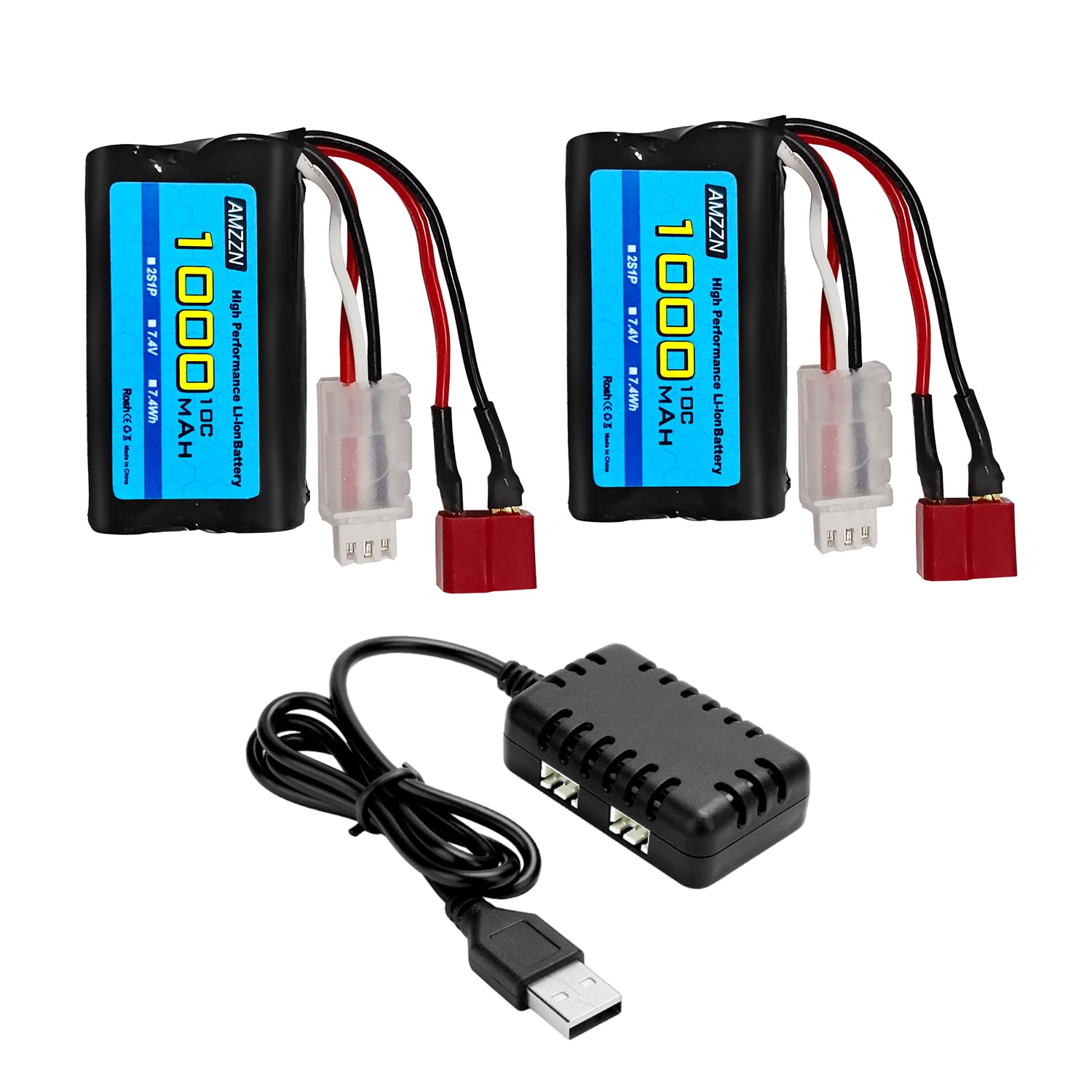 2PCS 7.4V 1000mAh 2S Li-ion Battery with T-Plug and 2-in-1 Charger for YC100 HM161 HM162 HM166 HM201 9145 1:20 Remote Control Truck,HBX X03 RC Ship Battery