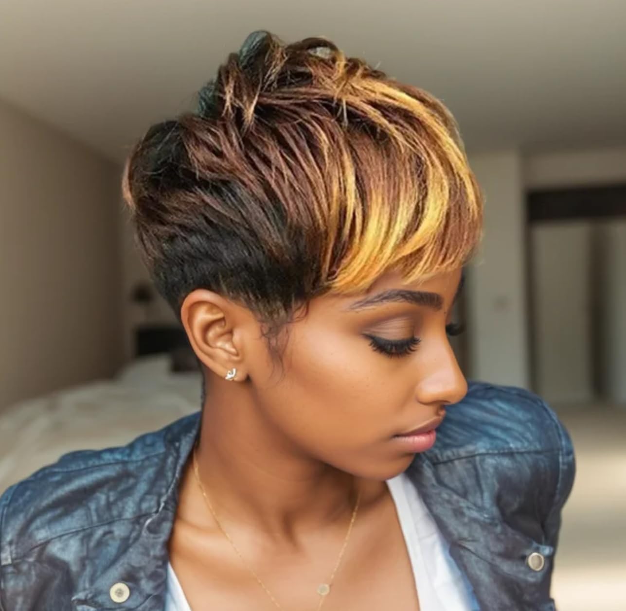 BeiSDWig Ombre Blonde Brown Hair Wig Short Pixie Cut Wigs with Mixed Blonde Bangs Short Wigs for Black Women