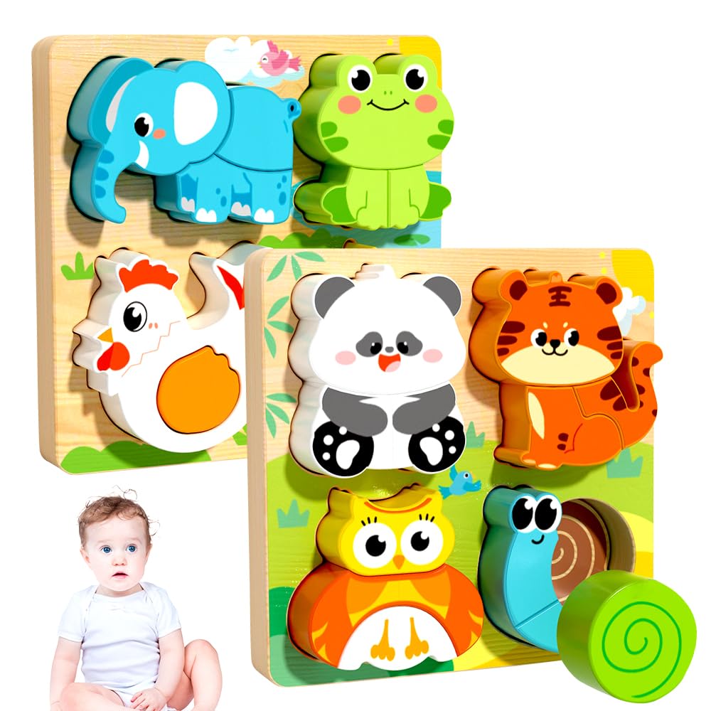 Wooden Toddler Puzzles, 2 Pack Animal Wooden Jigsaw Puzzles for Kids Baby Boys Girls Brain Development Preschool Learning Educational Toy, 8 Animals Patterns, Gift for 1-3 Year Old Toddlers Kids