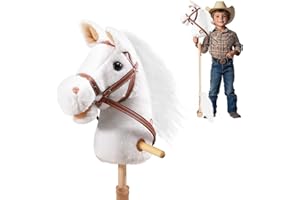 PLYFOU Plush Stick Horse with Wood Wheels Real Pony Neighing and Galloping Sounds Plush Toy, Stick Pony Provides Fun Pretend Play for Toddlers & Preschoolers (AA Batteries Required)