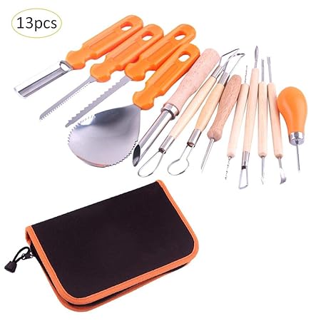 Jannyshop 13 pcs Edelstahl Kürbisschnitzwerkzeug mit Aufbewahrungstasche Halloween Kürbis Schnitzwerkzeuge