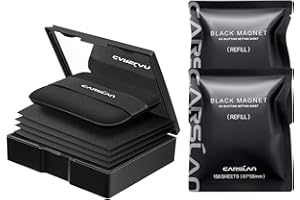 CARSLAN Makeup Blotting Paper with Powder, Black Magnet Blotting Sheets for Oily & Combination Skin, Portable Compact with Puff & Mirror, Keeps Makeup Fresh All Day, 450 Sheets + 8 Refill Pads