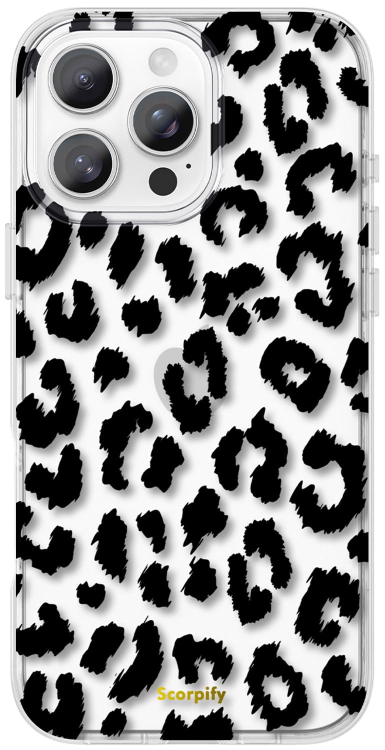 SCORPIFY for iPhone 16 Pro Case with Black Clear Leopard Cheetah Design, Cute Clear Phone Cover for Women Girls, [10FT MIL-Grade Drop Protection] [Non Yellowing] Slim Bumper with Stylish Pattern