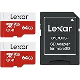 Lexar E-Series 64GB 2 PK Micro SD Card microSDXC UHS-I Flash Memory Card | 100MB/s, C10, U3, A1, V30, Full HD, 4K UHD, High Speed TF Card with Adapter