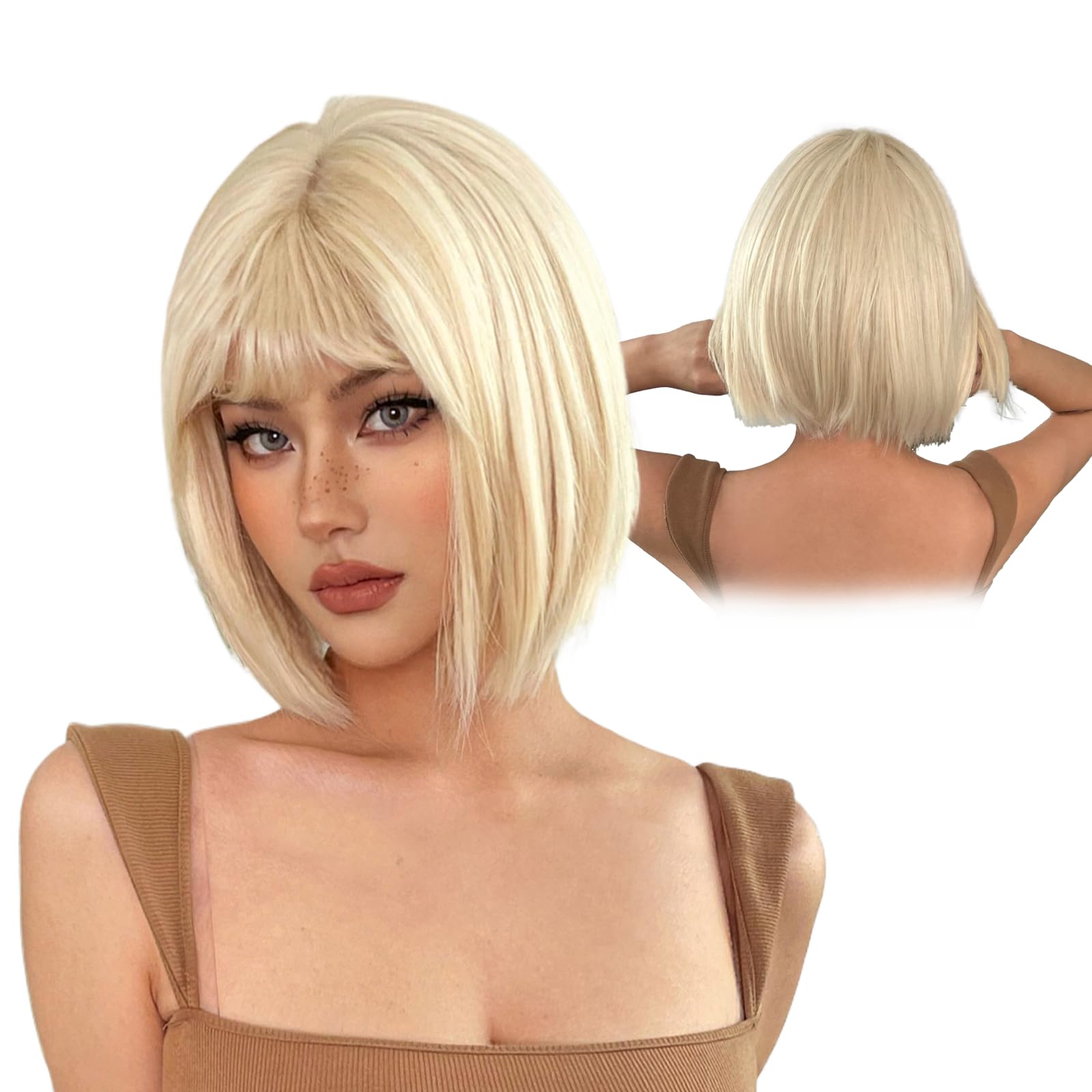 Ninnyi Blonde Bob Wig for Women, Short Wig with Bangs for Daily Party, Halloween, Christmas