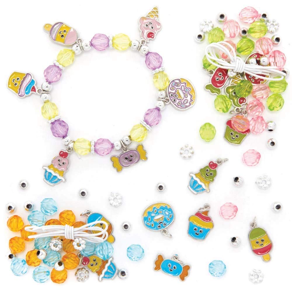 Baker Ross FE456 Sweet Treats Charm Bracelet Kits - Pack of 3, Perfect for Kids Jewellery Making Activities, Bead Art Activities or Party Crafting,Silver
