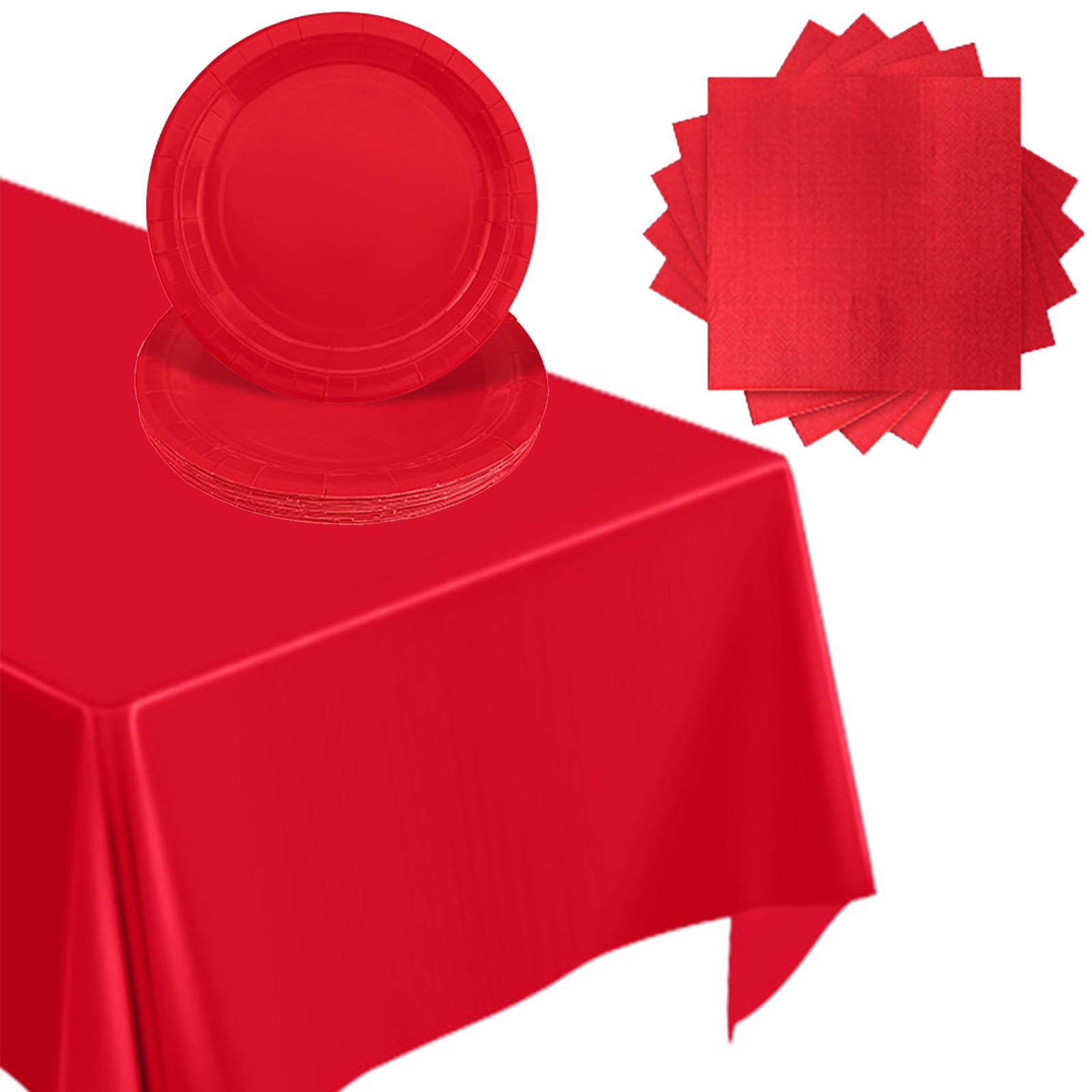 POPOYU 37 Pcs Red Tableware Set,Red Waterproof Plastic Tablecloth Paper Plates 7 Inch Napkins Dinnerware Decorations Favors for Men Women Birthday Wedding Graduation Party Supplies