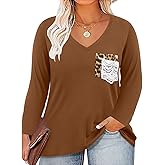 CARCOS Women Plus Size Tops Long Sleeve Solid Tee Ribbed Knited Shirts Casual Dual Lace Leopard Pocket Cheetah Print Brown Fall Tunics Pullover Tshirt 2Xl 18W 20W