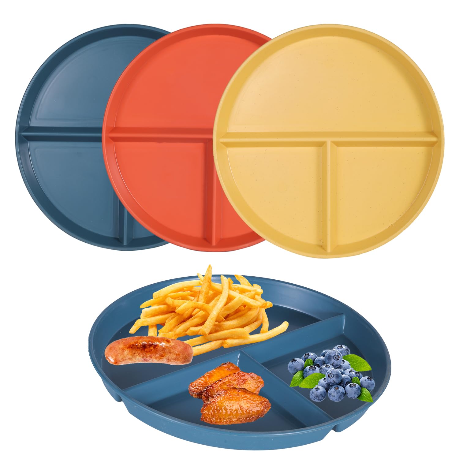 3pcs Divided Dinner Plates, Portion Control Divided Plates, 8.85" Unbreakable Divided Plates Compartment Plates, Divided Diet Plates Tray Reusable Dishes for Kids Children Adult, Microwave Safe