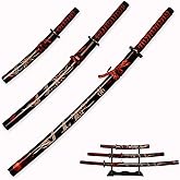 3pc Set Japanese Samurai Sword with Display Stand,Iaido Katana Carbon Steel Blade Real Sword for Display Decoration and Gift