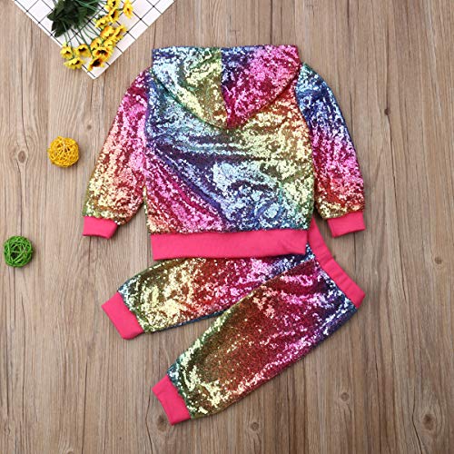 Baby Boy Girls Sequin Outfits Long Sleeve Hooded Zip Sweatshirt Top Pants Set, Toddler Girl Fall Clothes 1-6Y (Rainbow Hooded Top Pants, 2-3 Years) - Thumbnail 5
