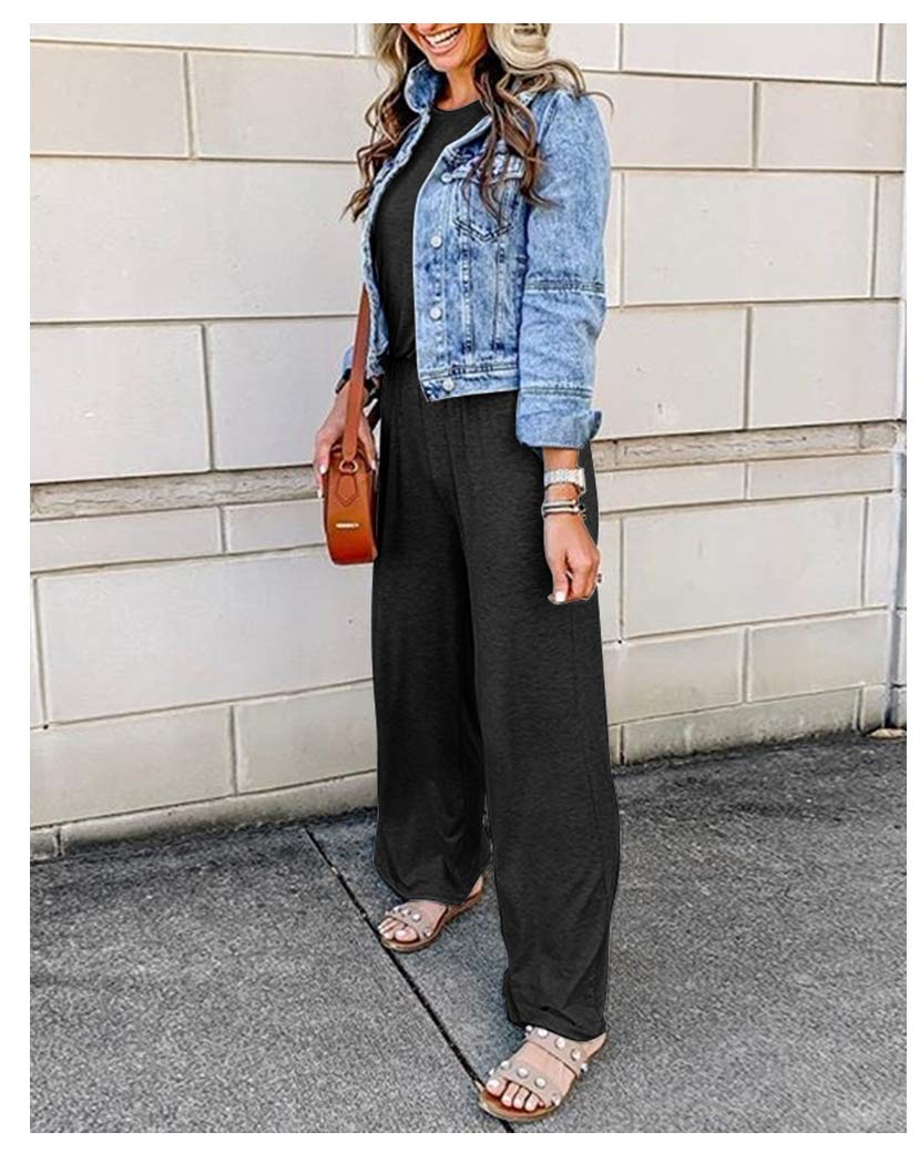 Annystore Women\'s Sleeveless Drawstring Waist Loose Wide Legs Casual Black Jumpsuits Romper with Pockets S