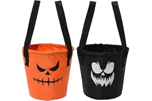 Ouksma 2 Pcs LED Light Up Halloween Buckets with Pumpkin Face Halloween Trick or Treat Bags for Kids Halloween Candy Bags Halloween Party Favors Halloween Party Supplies (Orange/Black Pumpkin Face)