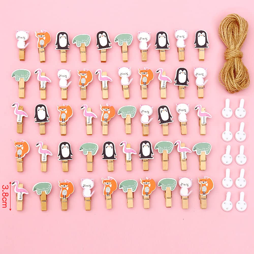 Duories Wooden Clothespins, 50 Mini Wooden Pegs + 10m Jute String, Animal Colored, Decorative Photo Clips