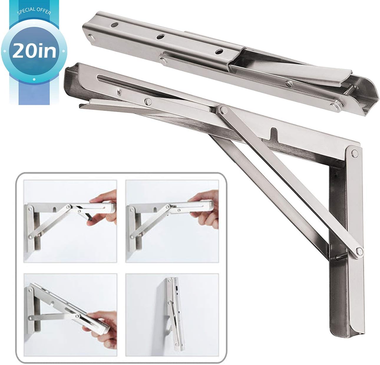 CUZURLUV 20'' Folding Shelf Brackets Max. Load 550 lb, Heavy Duty Stainless Steel DIY Wall Mounted Shelf Bracket Space Saving for Table Work Bench, Pack of 2: Home Improvement