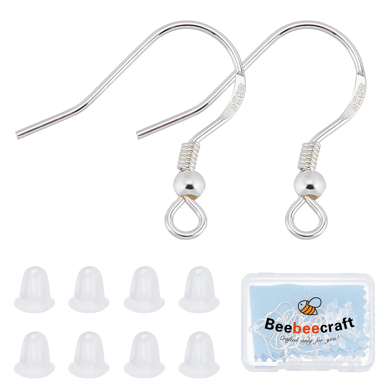 Beebeecraft 10Pairs/Box 925 Sterling Silver Earring Hooks French Ear Wires with Ball and Coil 18mm Dangle Earring Findings with 50Pcs Earring Backs for Jewellery DIY Earring Making
