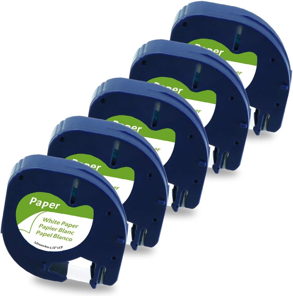 Freshworld Compatible Labeling Tape Replacement for DYMO LetraTag Refills Paper tape,91330 10697 (S0721510), Black on White,1/2 Inch x 13 Ft,for DYMO LetraTag Plus LT-100T LT-100H QX50 Label Maker, 5P