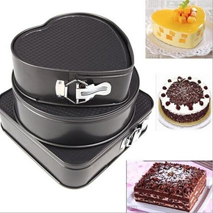 Home Buy Heart, Round and Square Shaped Springform Non Stick Baking Pan (Black) - Set of 3