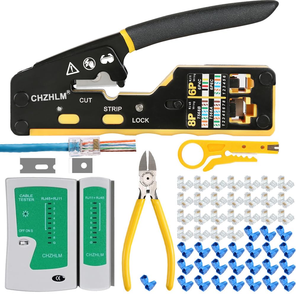 RJ45 Crimping Tool Kit Rj45 Crimper Stripper Cutter All-in-One Pass Through Crimper for 8P RJ45 Cat5 Cat5e Cat6 Cat6a 6P RJ11/12 Telephone Connectors with 50Pcs Connectors 50Pcs Covers Mini Stripper