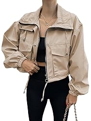 Tankaneo Womens Cropped Jacket Zip Up Lightweight