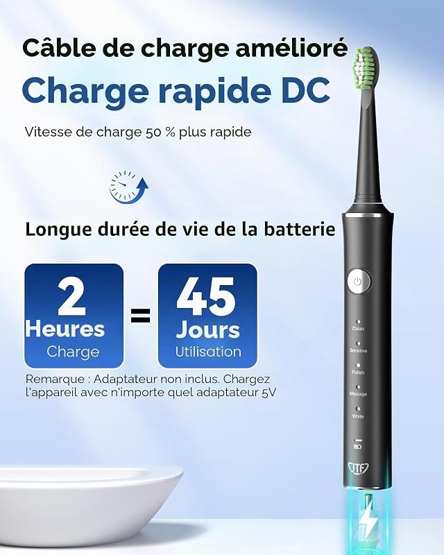 Brosse À Dents Électrique Sonique Pour Adulte – 5 Modes, 45 Jours D’autonomie, 8 Têtes De Brosse, Étanche Ipx7, Minuterie Intelligente, Adaptée Aux Voyages – Brosses À Dents Complet (Noir)
