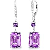Gem Stone King 15.20 Cttw Purple Amethyst Dangle Earrings For Women | 925 Sterling Silver | Gemstone Birthstone | Emerald Cut Checkerboard Cut 14X10MM