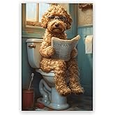 Funny Bathroom Wall Art Goldendoodle on toilet Reading newspaper Humor Animal Poster Picture Canvas Print For Dog Lovers Restroom ideas Decor 12x18inch Unframed
