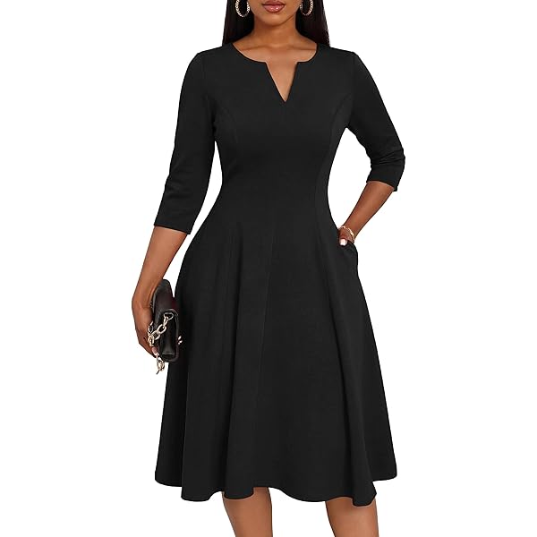 black 3/4 sleeve fit and flare dress Women's 3/4 Sleeve Flare Dress