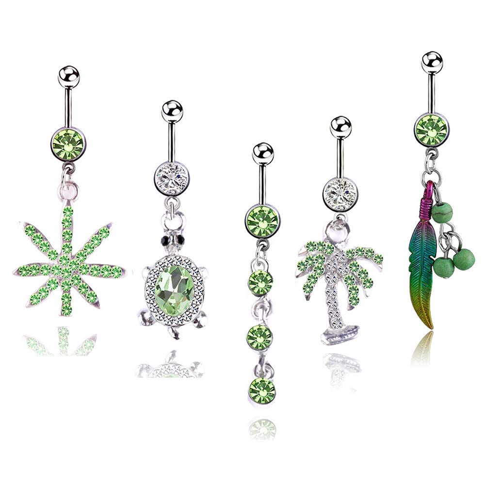 5 Pcs Maple Leaf Navel Ring Green Coconut Tree Turtle Dangle Belly Button CZ Body Piercing with Gift Bag