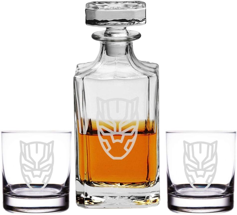 Abby Smith Engraved Black Panther Mask - 26oz Decanter with Rocks Glasses (Set of 3)