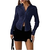 SOLY HUX Women's Button Down Ruched Blouse Long Sleeve Shirts Slim Fit Aesthetic Tops
