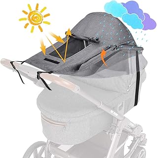 WD&CD Sonnensegel Kinderwagen mit UV Schutz 50+ und Wasserdicht, Double layer fabric mit Sichtfenster und extra breite Schattenflügel, Grau