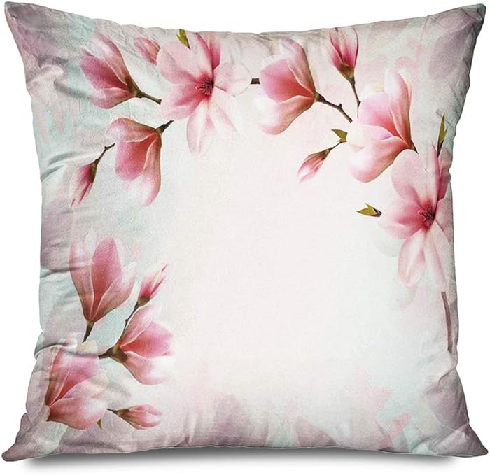 Onete Magnolia Throw Pillow Cover Square 18x18 Inches Magnolia Double Exposure Effect Fragile Pink Petals Sprouting Branches Coral Pink Pillowcase Home Decor Cushion Case