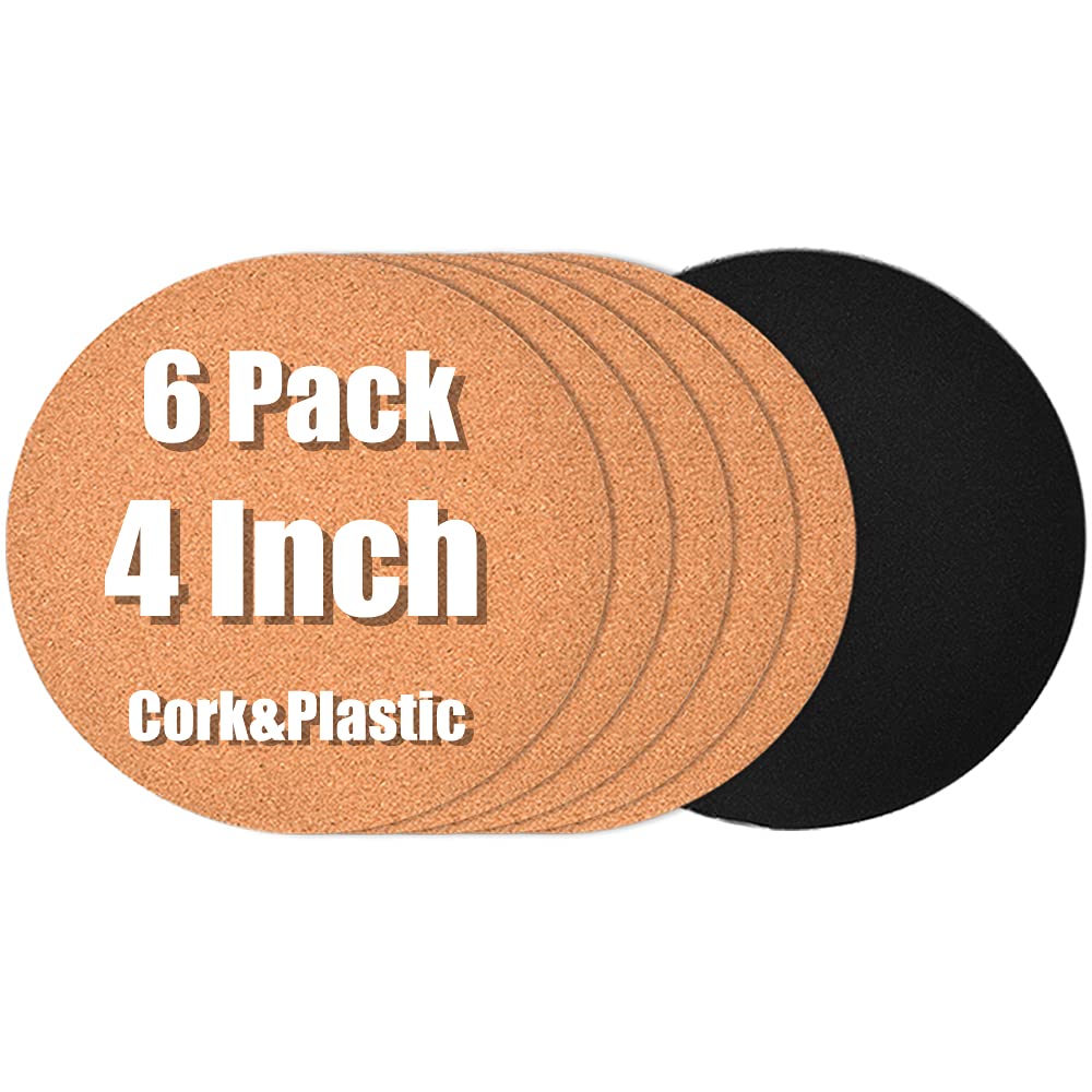4" Round Cork & Plastic Plant Saucers - Set of 6 for Gardening & Hot Pots & Pans