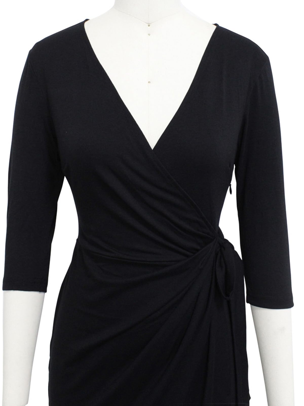 Berydress Women's Classic 3/4 Sleeve V Neck Sheath Casual Party Work Faux Black Wrap Dress