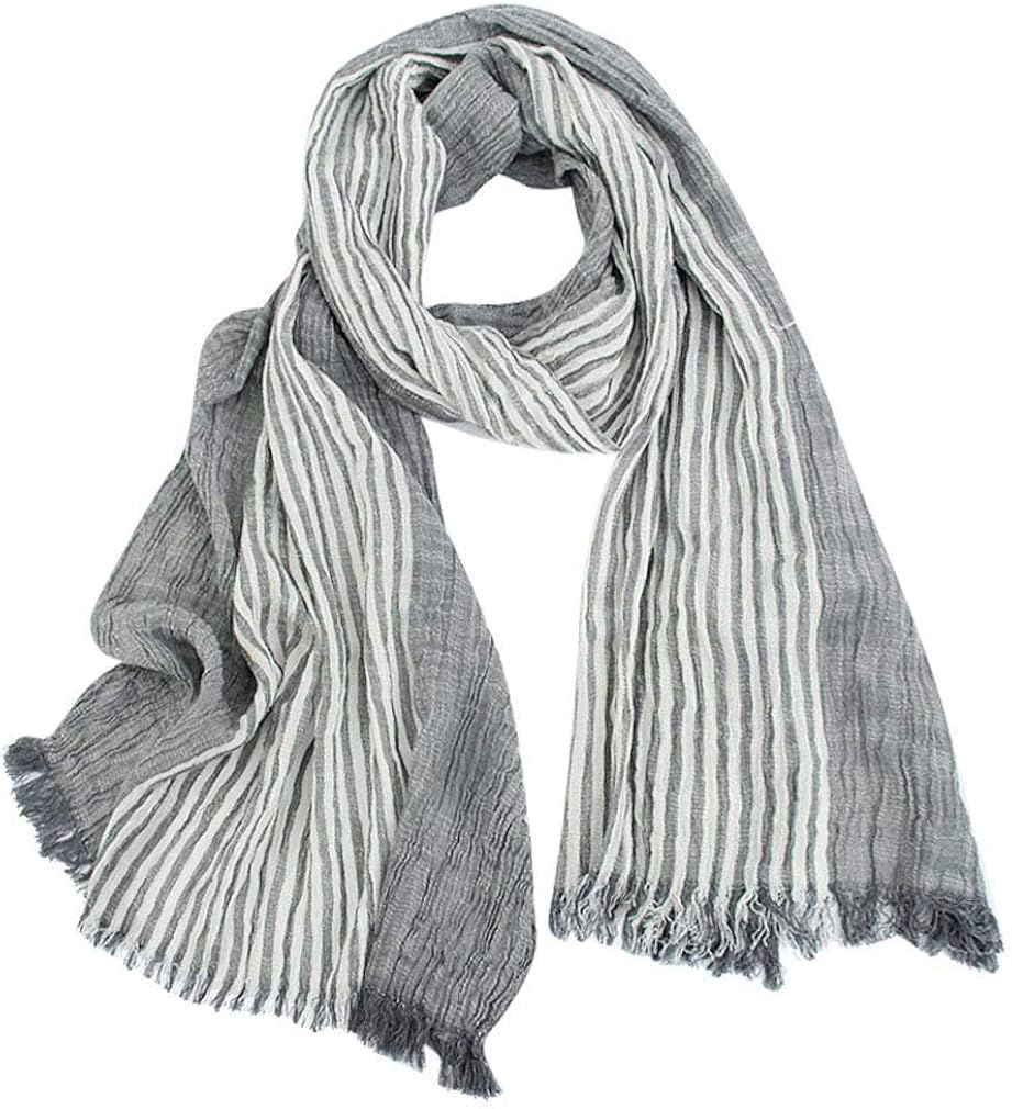 GERINLY Cotton-Linen Scarves Mens Stripe Crinkle Long Scarf