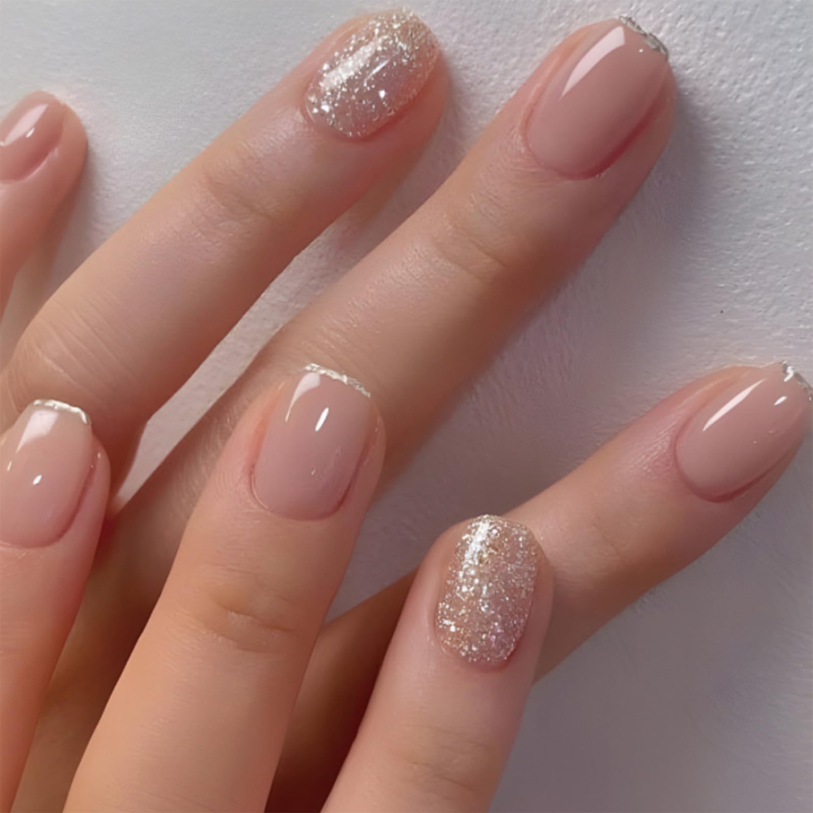 Photo 1 of SINHOT French Tip Press on Nails Short Square Chrome Fake Nails Glossy Glue on Nails Squoval Acrylic Nails Gold Glitter Artificial Nails Stick on False Nails with Design 24 pcs
