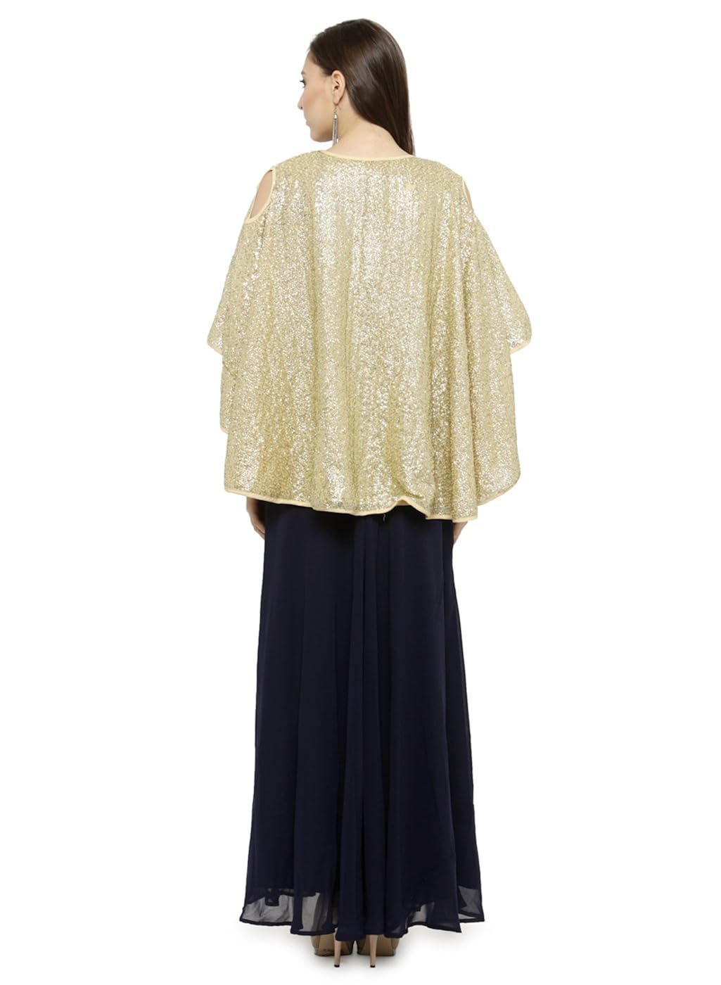 just wow navy blue & golden poly georgette women's dress