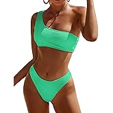 Limeeke Women One Shoulder Bikini Set Ribbed Textured Two Piece Swimsuit High Cut Cheeky Bathing Suit