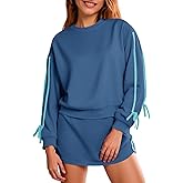 Fisoew Womens 2 Piece Outfits Casual Crewneck Tie Sweatshirt High Waisted Running Skort Skirts Workout Tracksuit Sets
