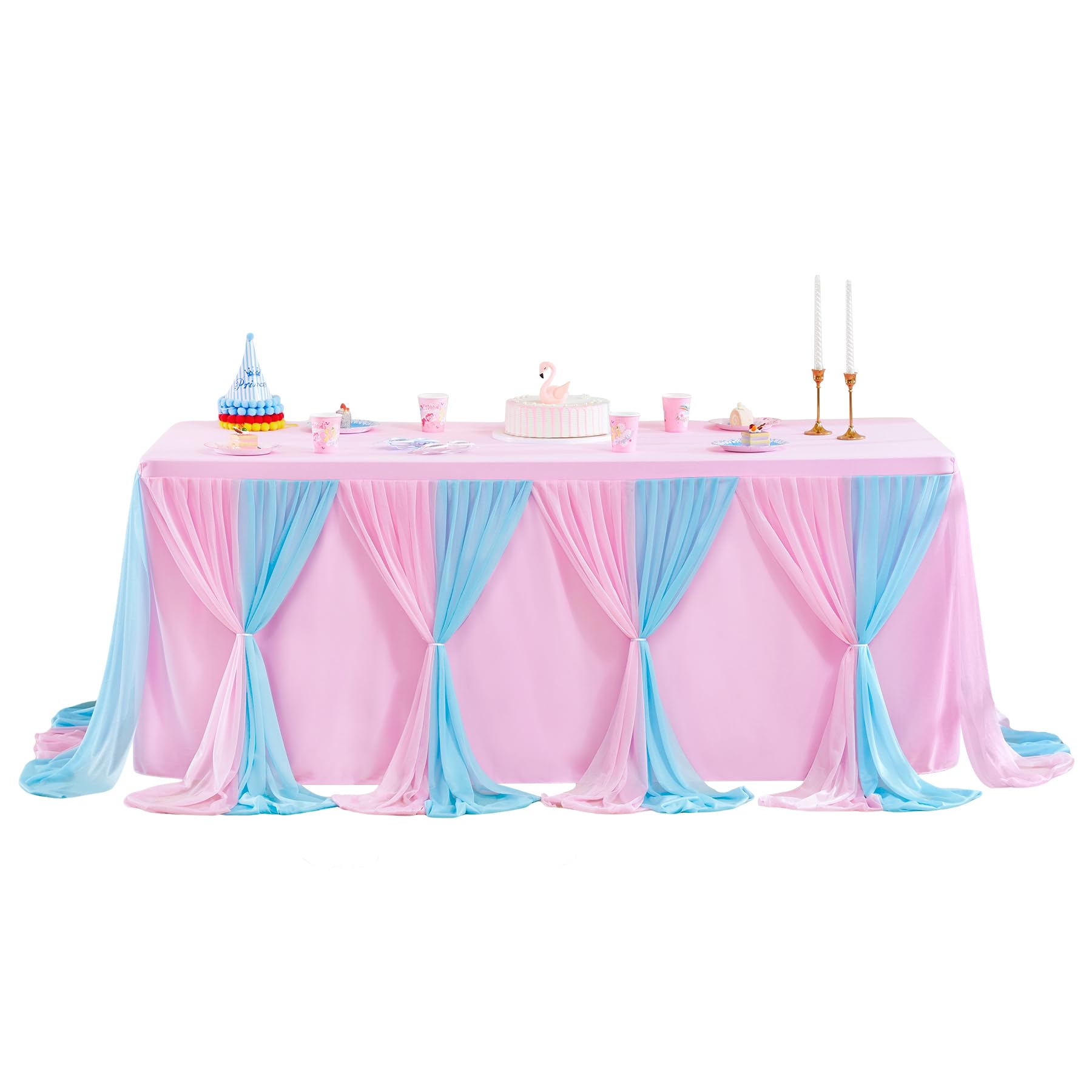 Photo 1 of Besutolife Blue Pink Tulle Tablecloth for Rectangle Tables 6ft 3 Sides for Wedding Birthday Party Baby Shower Cake Dessert Buffet Banquet Table Decorations