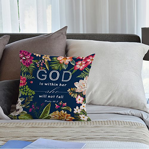 Flowers Pillow Covers - Christian Quotes Throw Pillow Case,Bible Verses God is Within Her She Will Not Fall Psalm 46 10 Cotton Linen Square Pillow Cover for Men/Women/18x18 inch - Thumbnail 4